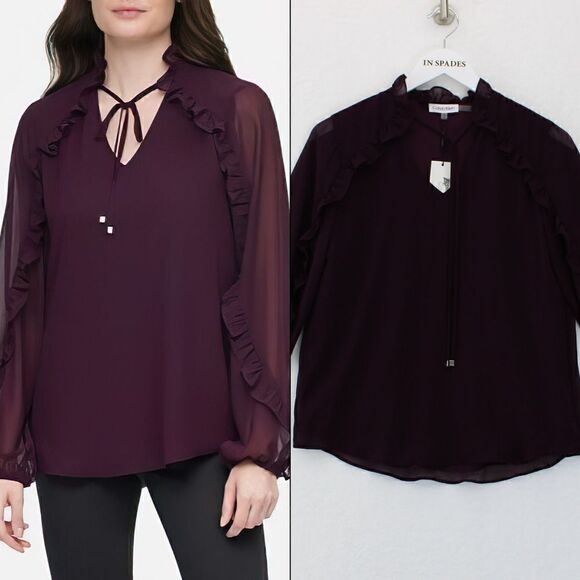 Calvin Klein Ruffle Trim Long Sleeve Blouse Aubergine XS - Picture 1 of 3
